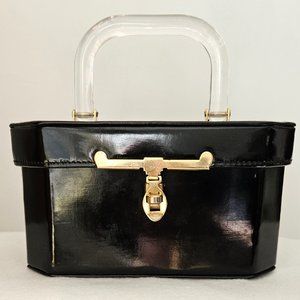 Vintage 1950s Black Patent Leather Box Purse with Lucite Handle
